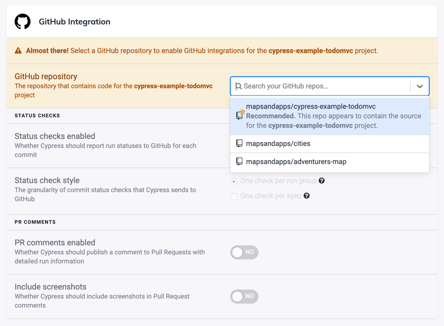 Associate GitHub repo with Cypress project